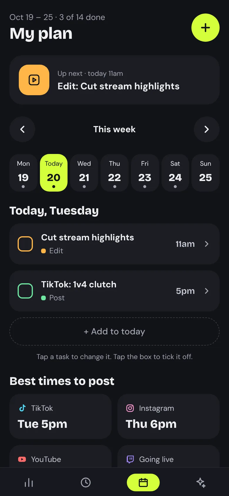 Plan: your week of streams and posts with your best times